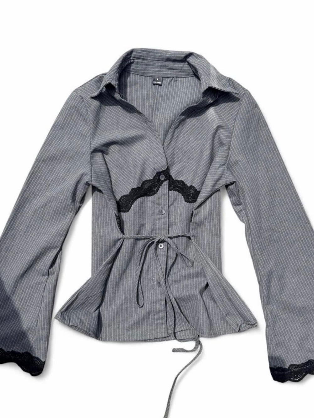 Women’s Gray Pinstripe Lace-Trim Robe Shirt